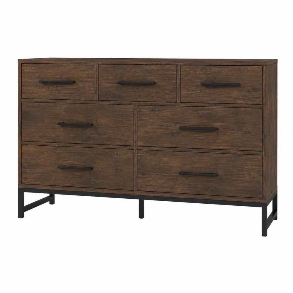 Cassettiera da soggiorno in legno effetto noce scuro con 7 cassetti e base in metallo nero 120x40x80 cm