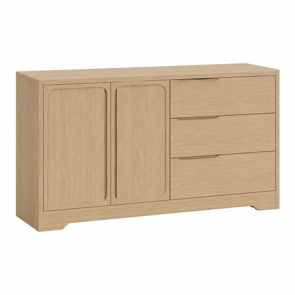 Credenza buffet con 2 ante e 3 cassetti in MDF effetto rovere chiaro 160x40x80 cm