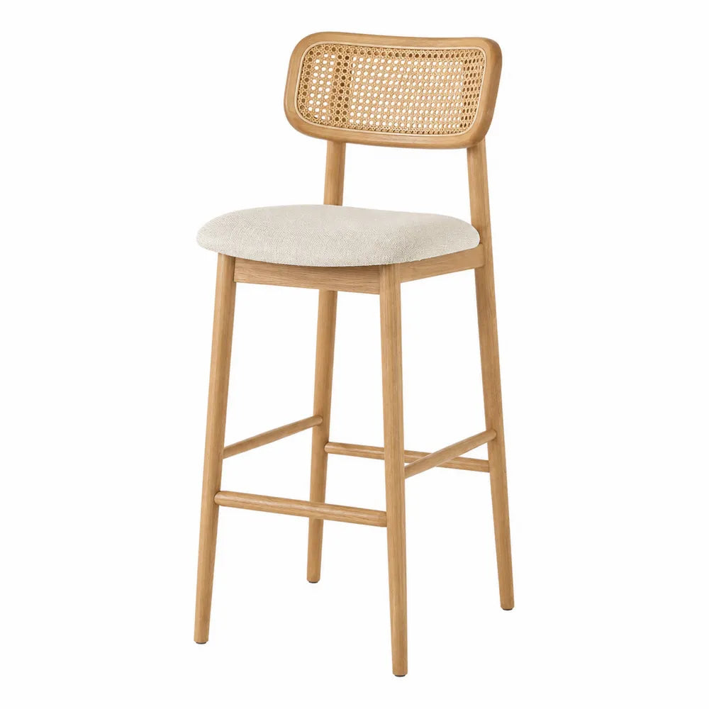 Sgabello da bar con schienale in rattan naturale seduta imbottita beige e struttura in legno massiccio naturale 50x52x100 cm