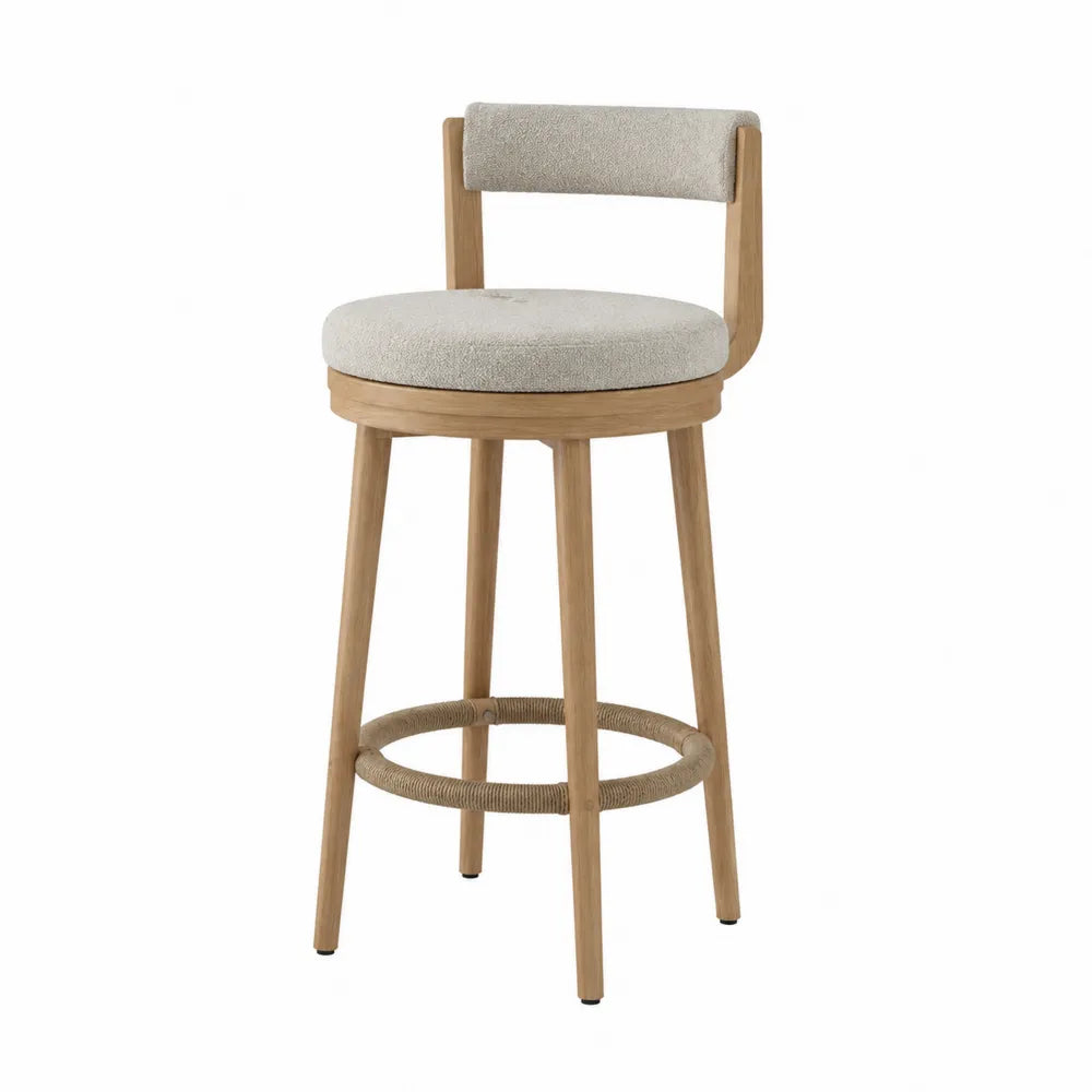 Sgabello da bar in legno massello con schienale curvo e seduta imbottita beige con poggiapiedi ad anello 45x45x95 cm
