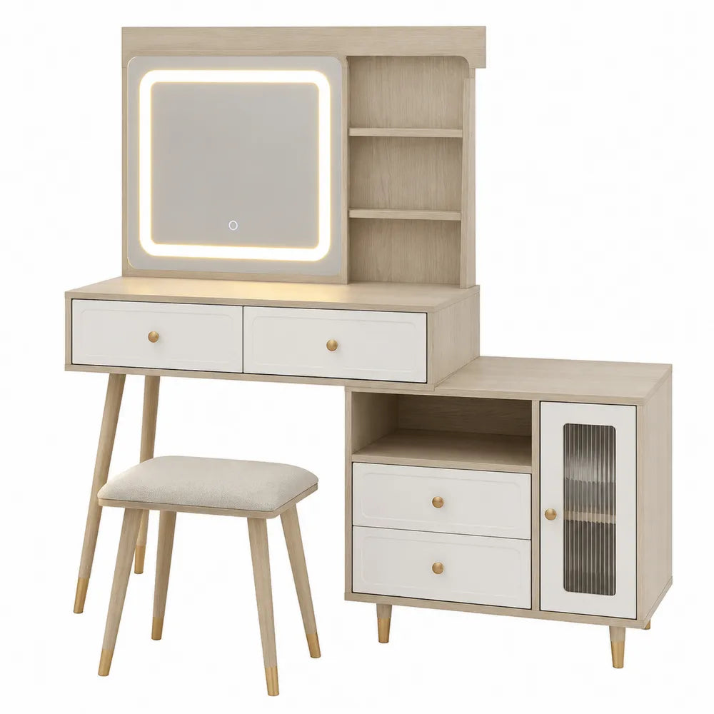 Toeletta rettangolare in MDF e truciolare effetto rovere naturale e bianco con specchio LED rettangolare sgabello 4 cassetti 120x45x140 cm