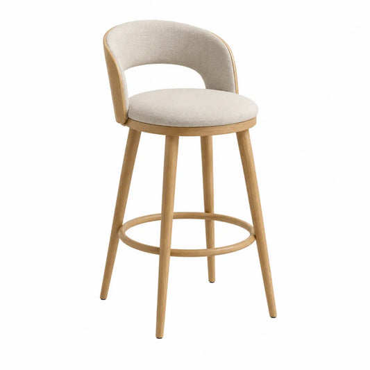 Sgabello da bar in legno massello di faggio con schienale curvo e seduta imbottita in tessuto beige con poggiapiedi 50x52x95 cm colore legno naturale e beige