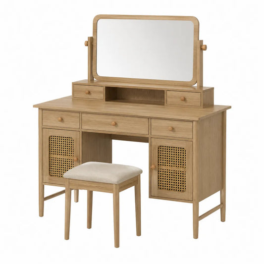 Toeletta rettangolare in MDF e truciolare effetto rovere naturale con specchio sgabello 5 cassetti e 2 ante in rattan 120x45x150 cm