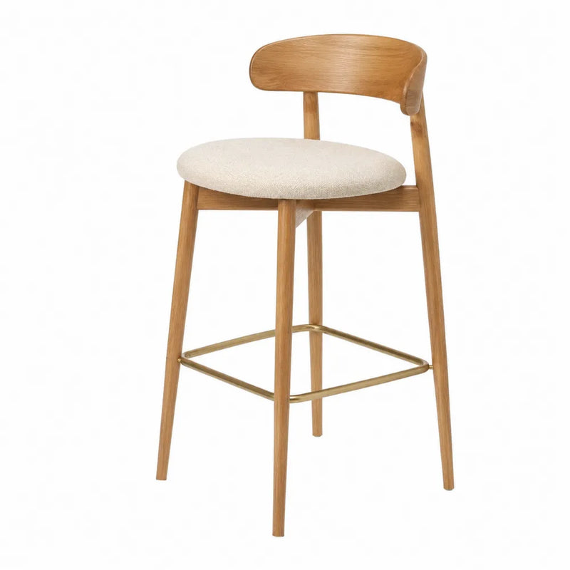 Sgabello da bar in legno massello di faggio con schienale curvo seduta imbottita in tessuto beige e poggiapiedi in metallo 45x50x95 cm colore naturale e beige
