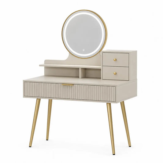 Toeletta da trucco con specchio LED rotondo cassetti in MDF e gambe in metallo dorato colore beige stile moderno