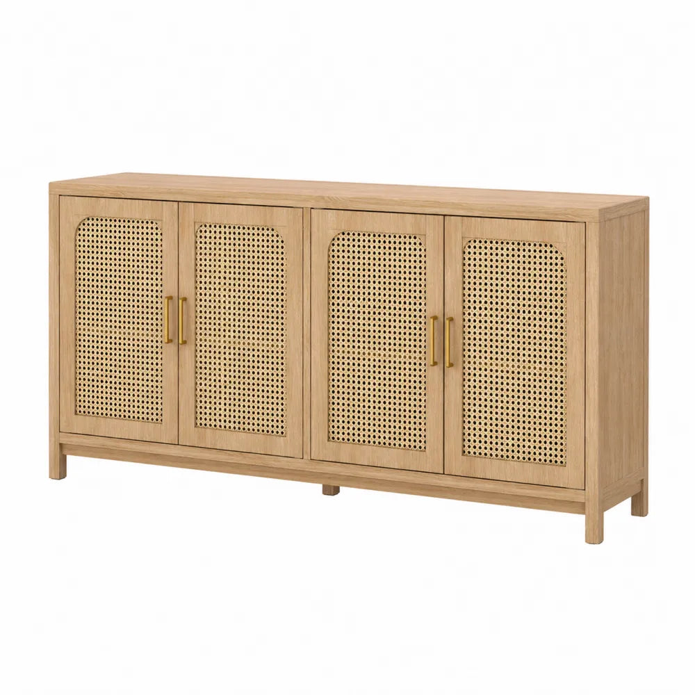 Credenza buffet con 4 ante in rattan intrecciato e struttura effetto rovere naturale 160x40x80 cm
