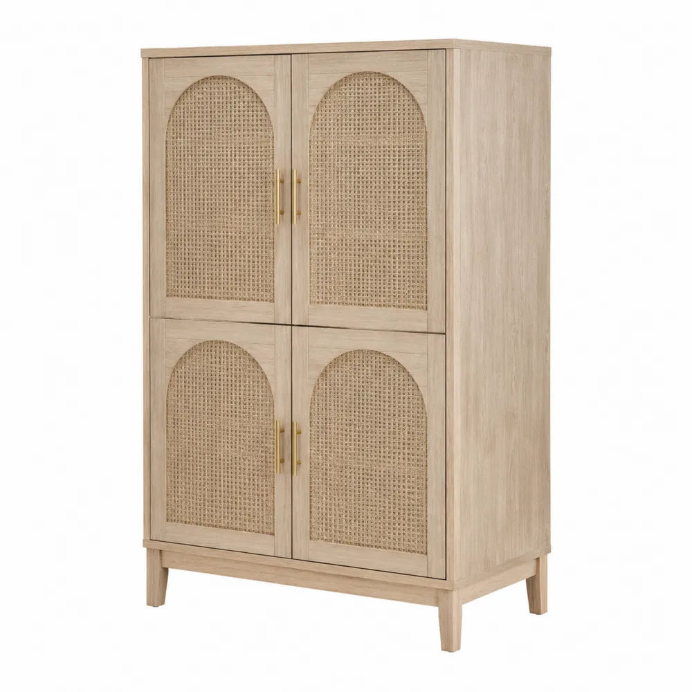 Credenza buffet con 4 ante ad arco in rattan intrecciato e struttura effetto rovere naturale 100x40x140 cm