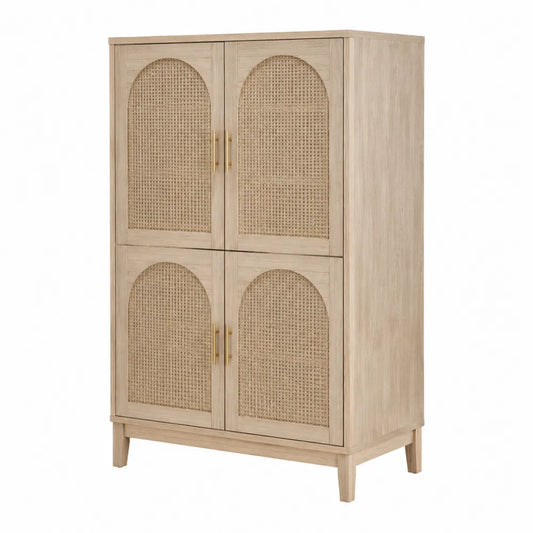 Credenza buffet con 4 ante ad arco in rattan intrecciato e struttura effetto rovere naturale 100x40x140 cm