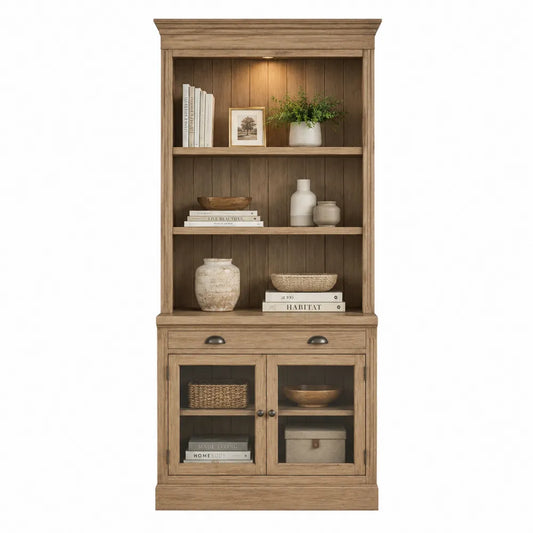 Credenza libreria rettangolare con vetrine e 2 cassetti in MDF impiallacciato rovere chiaro 85x40x190 cm
