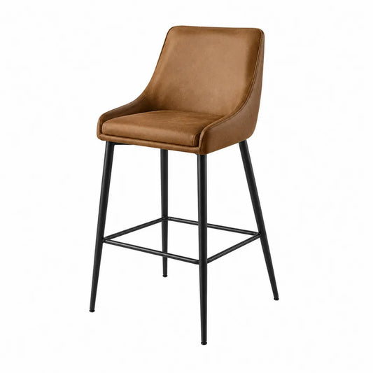 Sgabello da bar in pelle sintetica PU marrone con struttura in metallo nero e poggiapiedi fisso 48x52x95 cm