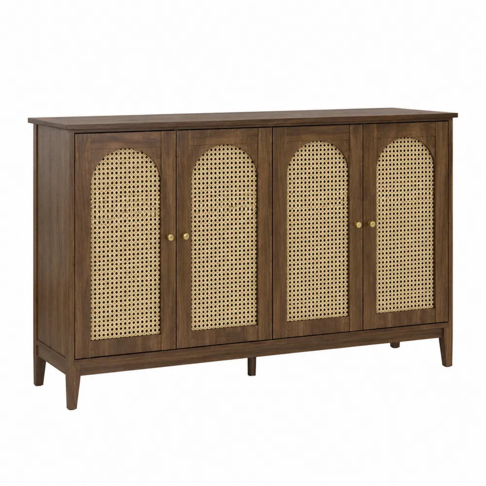 Credenza mobile contenitore rettangolare con 4 ante in rattan e MDF effetto noce scuro 160x40x80 cm
