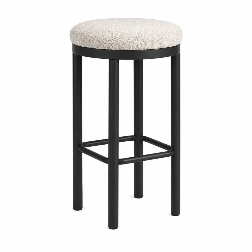 Sgabello da bar in acciaio nero con seduta imbottita in tessuto bouclé beige e poggiapiedi quadrato 45x45x95 cm