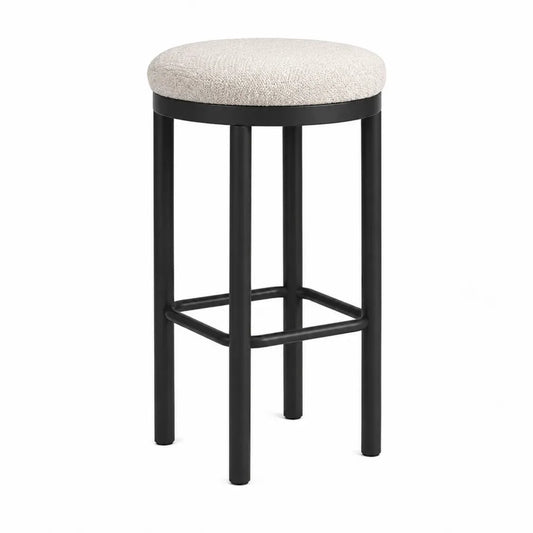 Sgabello da bar in acciaio nero con seduta imbottita in tessuto bouclé beige e poggiapiedi quadrato 45x45x95 cm