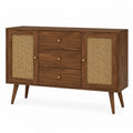 Credenza buffet con 2 ante in rattan intrecciato e 3 cassetti in MDF impiallacciato noce naturale 140x40x80 cm