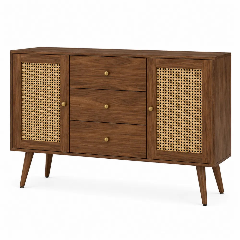 Credenza buffet con 2 ante in rattan intrecciato e 3 cassetti in MDF impiallacciato noce naturale 140x40x80 cm