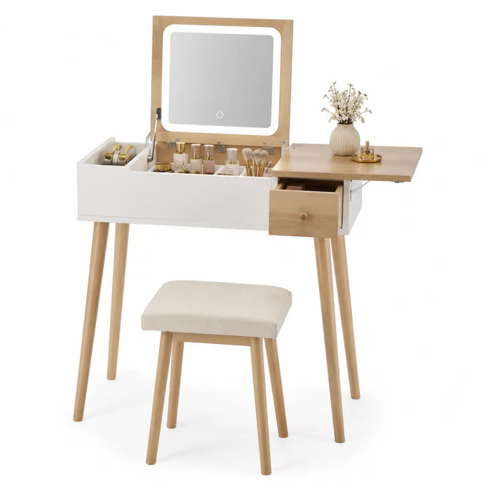 Toeletta rettangolare in MDF effetto rovere naturale e bianco con specchio LED sgabello cassetto e vani contenitore 100x45x135 cm