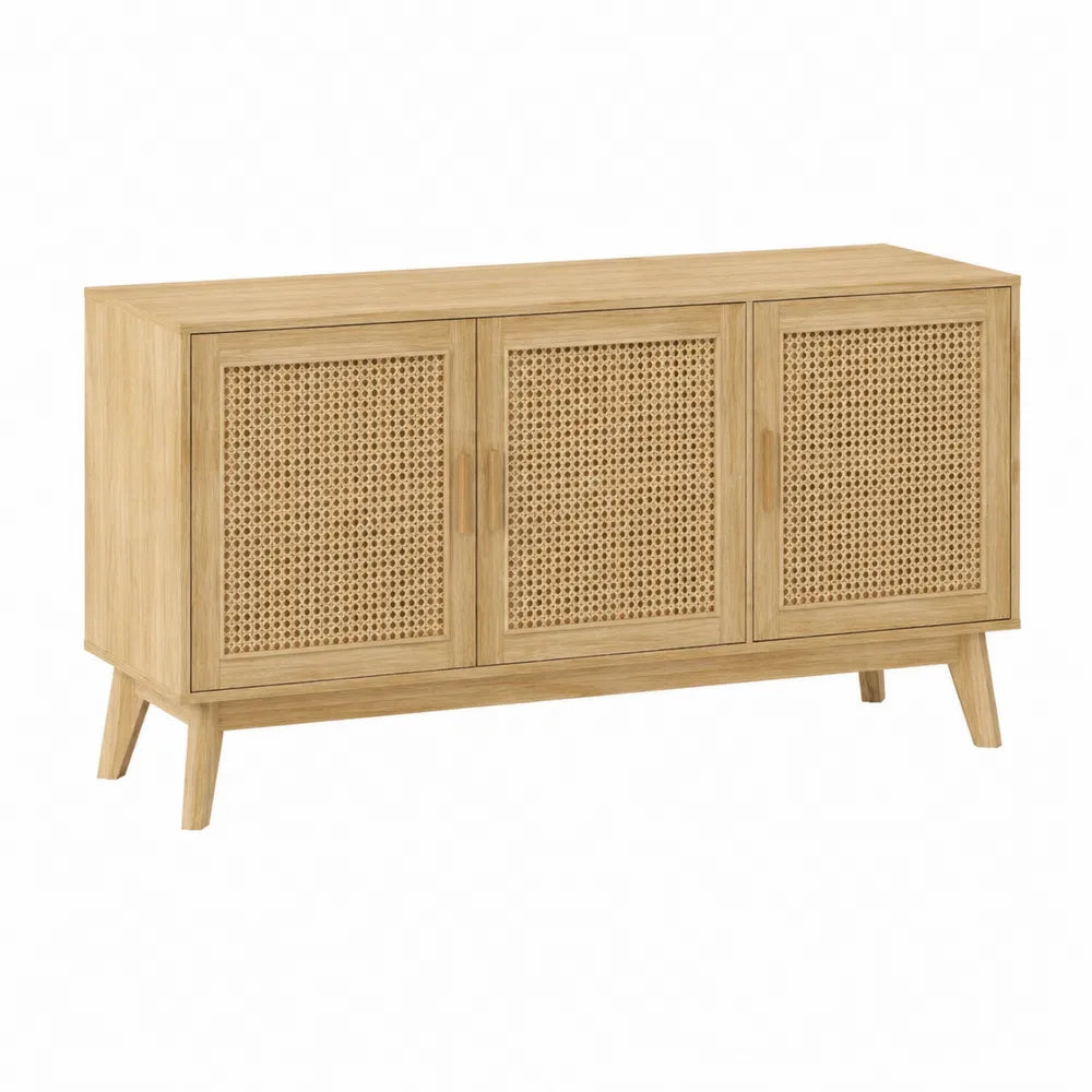 Credenza buffet in MDF effetto rovere naturale con ante in rattan intrecciato e struttura in legno 150x40x80 cm colore rovere naturale e rattan beige