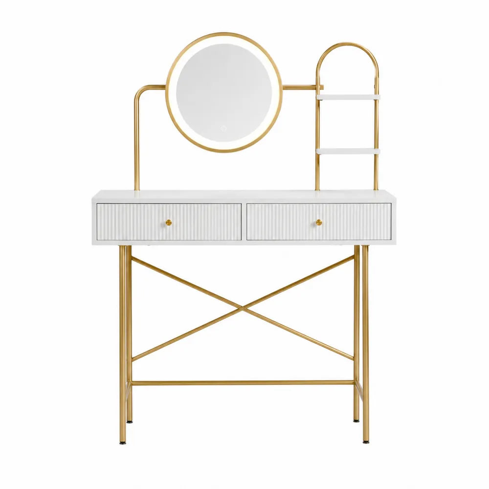 Toeletta rettangolare in MDF bianco con telaio in acciaio dorato specchio LED rotondo 2 cassetti 90x40x140 cm