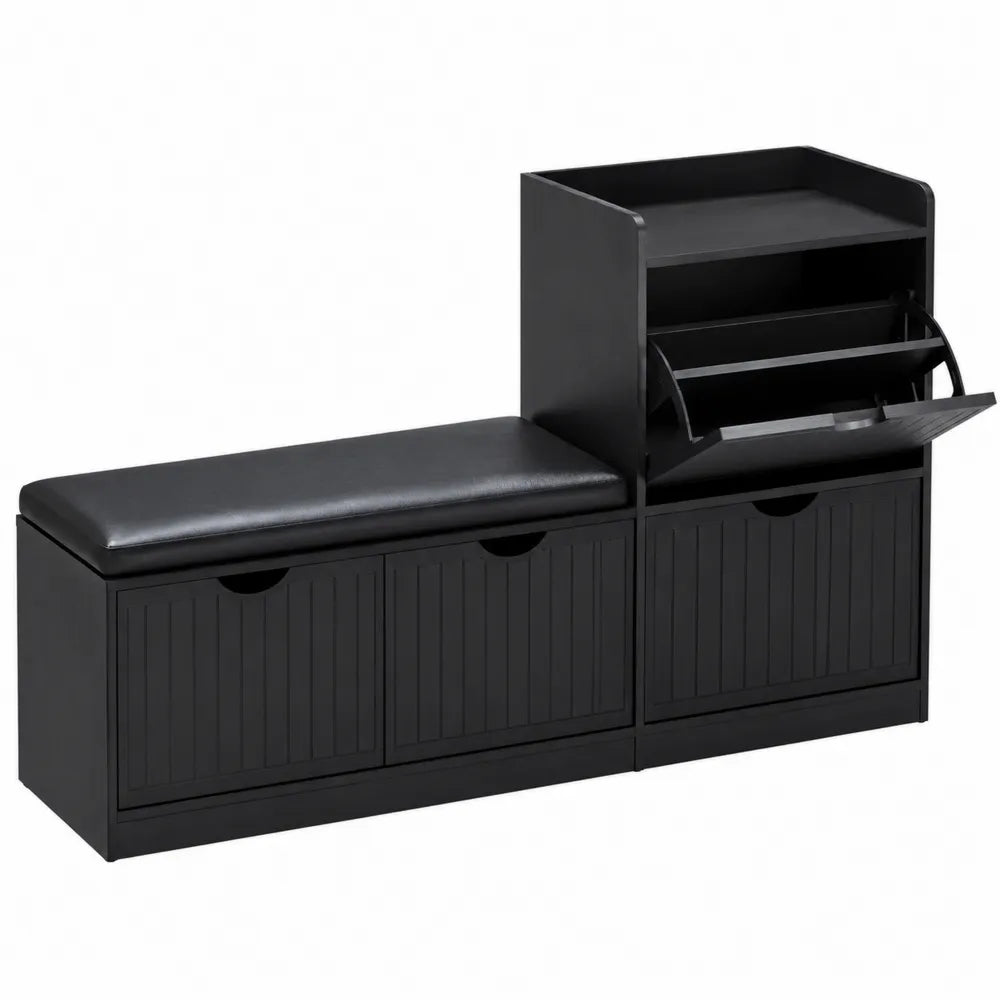 Mobile contenitore da interno con panca imbottita e scarpiera in MDF nero con seduta in PU 150 x 40 x 90 cm