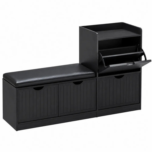 Mobile contenitore da interno con panca imbottita e scarpiera in MDF nero con seduta in PU 150 x 40 x 90 cm