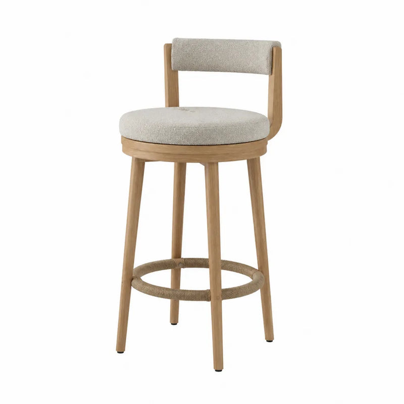 Sgabello da bar in legno massello con schienale curvo e seduta imbottita beige con poggiapiedi ad anello 45x45x95 cm