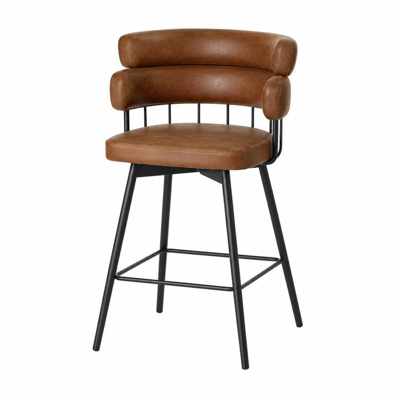 Sgabello da bar con schienale imbottito in pelle PU marrone e struttura in acciaio nero con poggiapiedi 50x52x95 cm