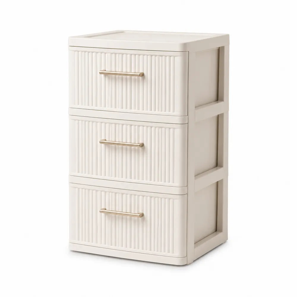 Cassettiera a 3 cassetti in PP e ABS colore beige chiaro struttura in plastica dimensioni 40 x 35 x 75 cm con maniglie in lega di alluminio