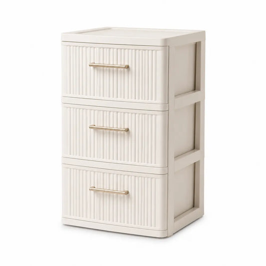 Cassettiera a 3 cassetti in PP e ABS colore beige chiaro struttura in plastica dimensioni 40 x 35 x 75 cm con maniglie in lega di alluminio