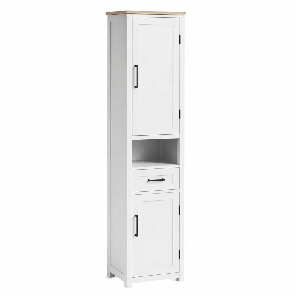 Mobile contenitore alto rettangolare con 2 ante cassetto e vano aperto in MDF bianco e piano effetto legno naturale 50x35x180 cm