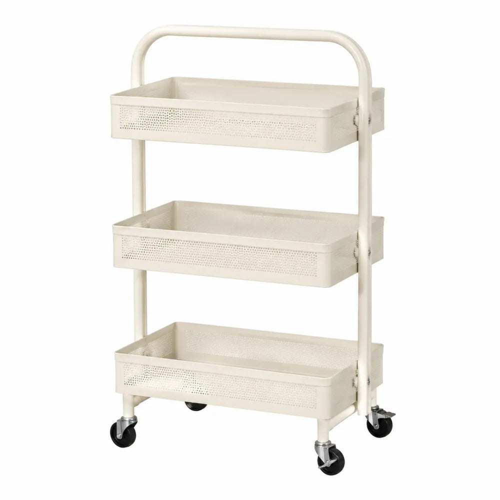 Carrello portaoggetti da interno a 3 ripiani in acciaio verniciato avorio con vassoi traforati e ruote 45 x 30 x 85 cm