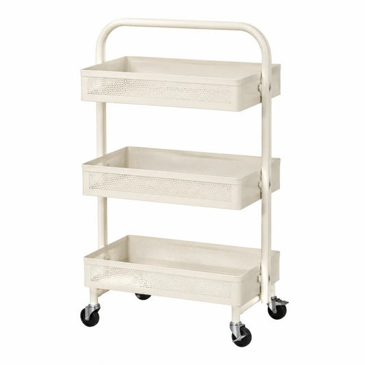 Carrello portaoggetti da interno a 3 ripiani in acciaio verniciato avorio con vassoi traforati e ruote 45 x 30 x 85 cm