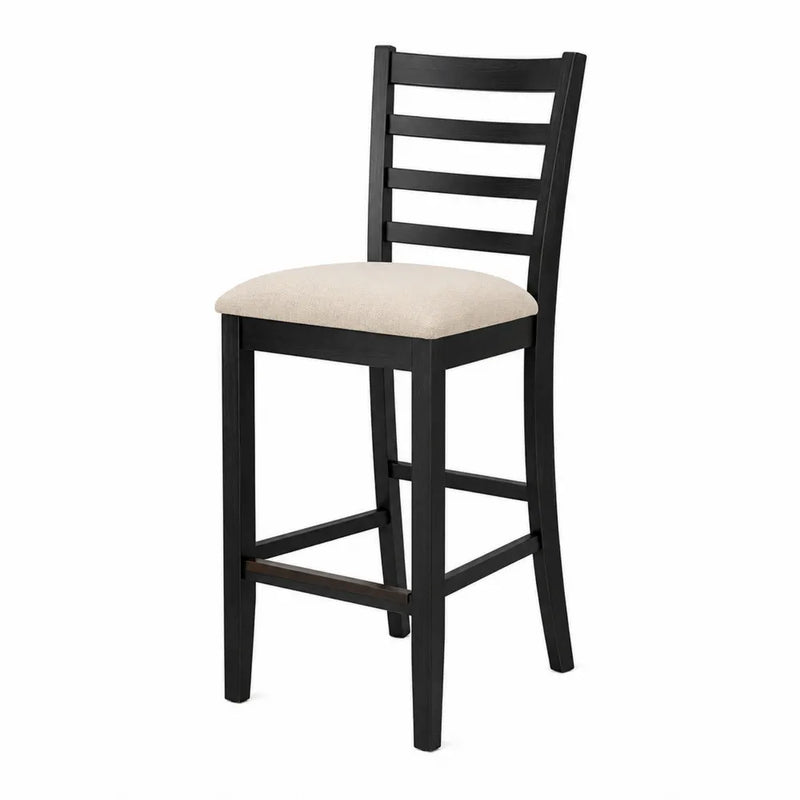 Sgabello da bar con schienale a listelli e seduta imbottita in tessuto beige struttura in legno nero 45x50x95 cm