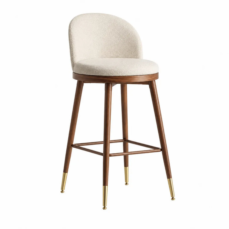 Sgabello da bar in legno con seduta imbottita beige e schienale curvo con poggiapiedi 45x50x95 cm colore legno naturale e oro