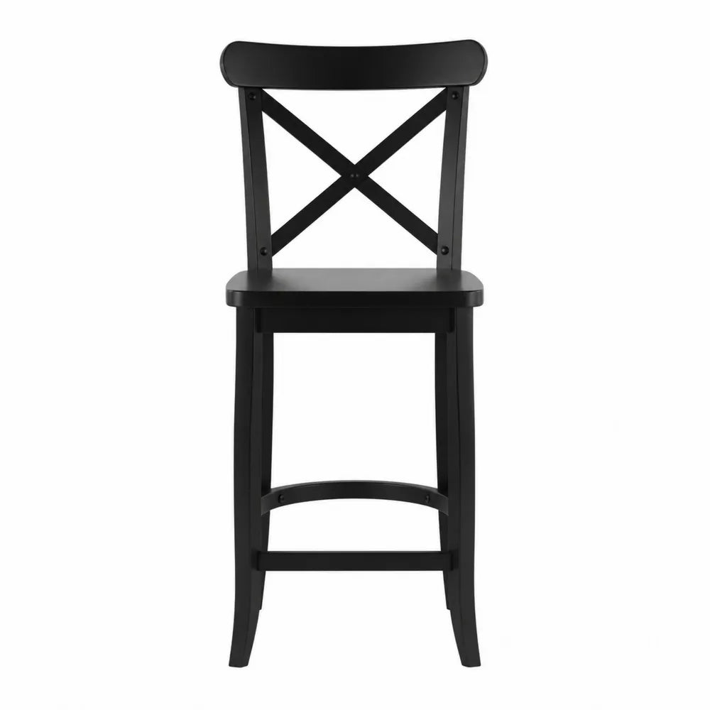 Sgabello da bar in legno massello nero con schienale a X e seduta in legno 45x45x105 cm