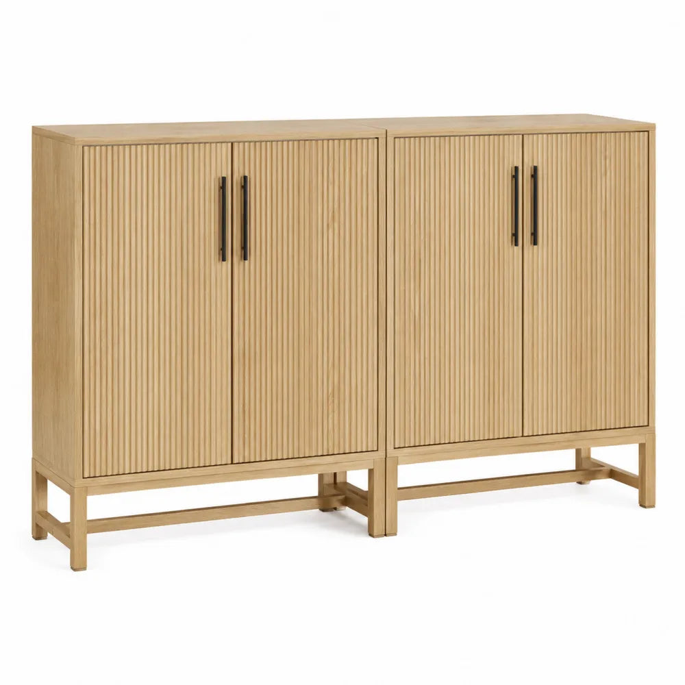 Credenza buffet doppio modulo in MDF effetto rovere naturale con ante a doghe verticali e gambe in legno 160x40x80 cm colore rovere naturale