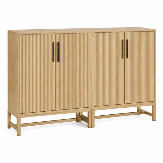 Credenza buffet doppio modulo in MDF effetto rovere naturale con ante a doghe verticali e gambe in legno 160x40x80 cm colore rovere naturale