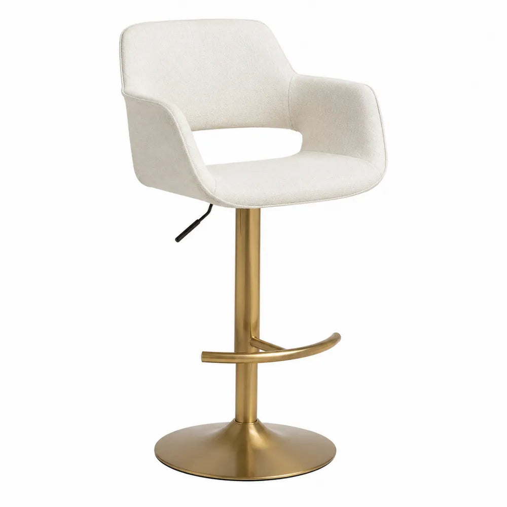 Sgabello da bar regolabile girevole con schienale imbottito in tessuto bouclé beige e base in acciaio oro 50x50x90-110 cm