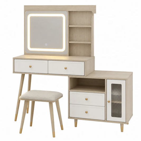 Toeletta rettangolare in MDF e truciolare effetto rovere naturale e bianco con specchio LED rettangolare sgabello 4 cassetti 120x45x140 cm