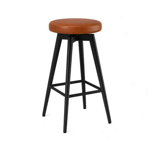 Sgabello da bar senza schienale in acciaio nero con seduta rotonda in ecopelle marrone 45x45x65 cm
