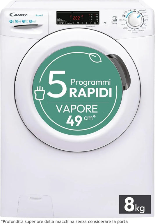 Candy Smart Lavatrice 8kg, Frontale, Classe B, 1200 RPM, 16 Programmi, NFC, Vapore, 85x60x53 cm, Bianca