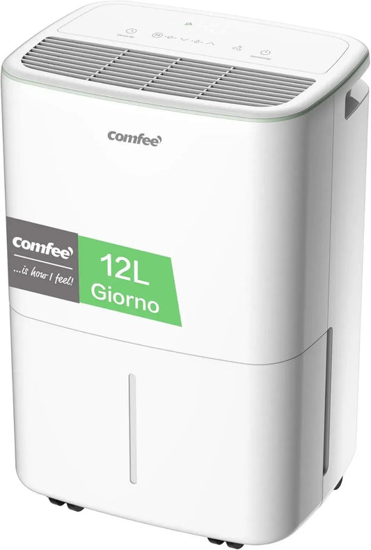 Deumidificatore COMFEE' 12L/24h per Casa, Fino a 20㎡, Serbatoio 2.5L, Silenzioso, Ruote Girevoli, Funzione Asciugatrice, Drenaggio Doppio, Timer e Anti-Trabocco