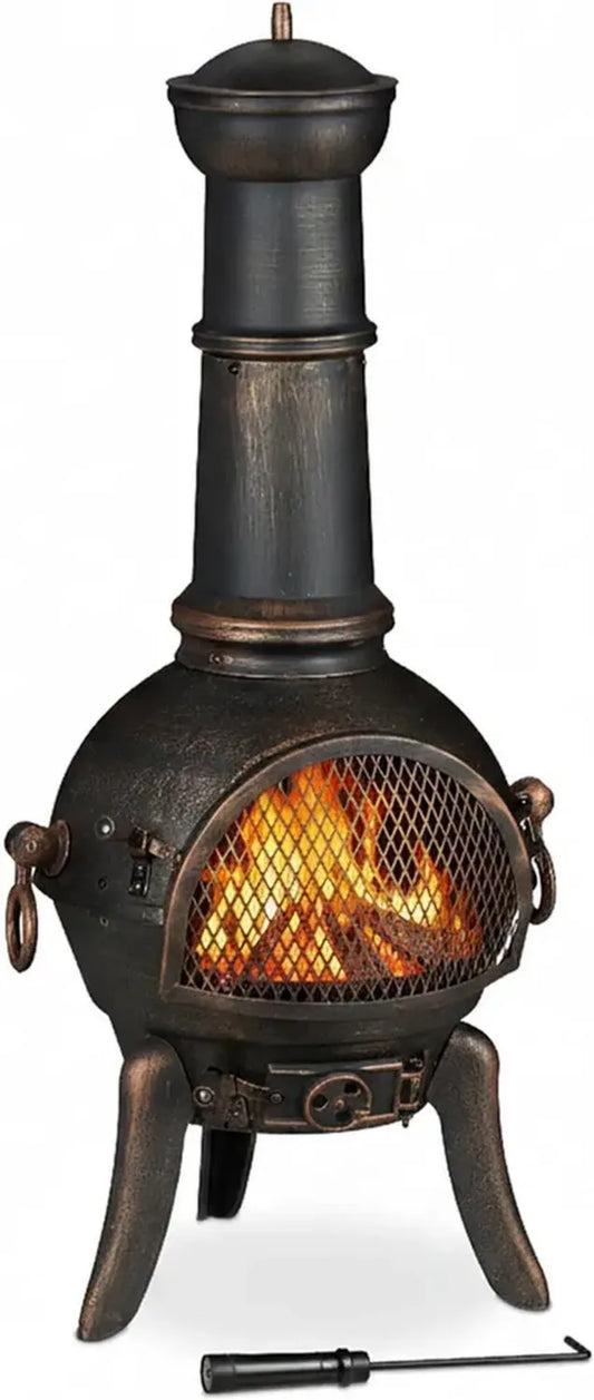 Camino da Giardino in Ghisa e Acciaio con Parascintille e Griglia, Stufa Decorativa in Bronzo