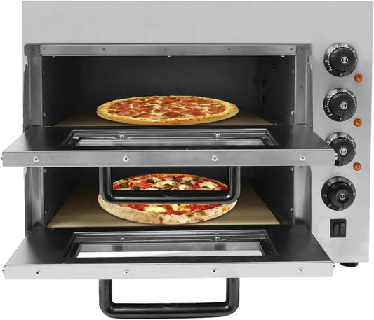 Forno elettrico professionale per pizza e pane, 3000 W, con pietra refrattaria e guanti, temperatura fino a 350°C, timer regolabile 1-60 minuti, dimensioni 57x47,5 cm