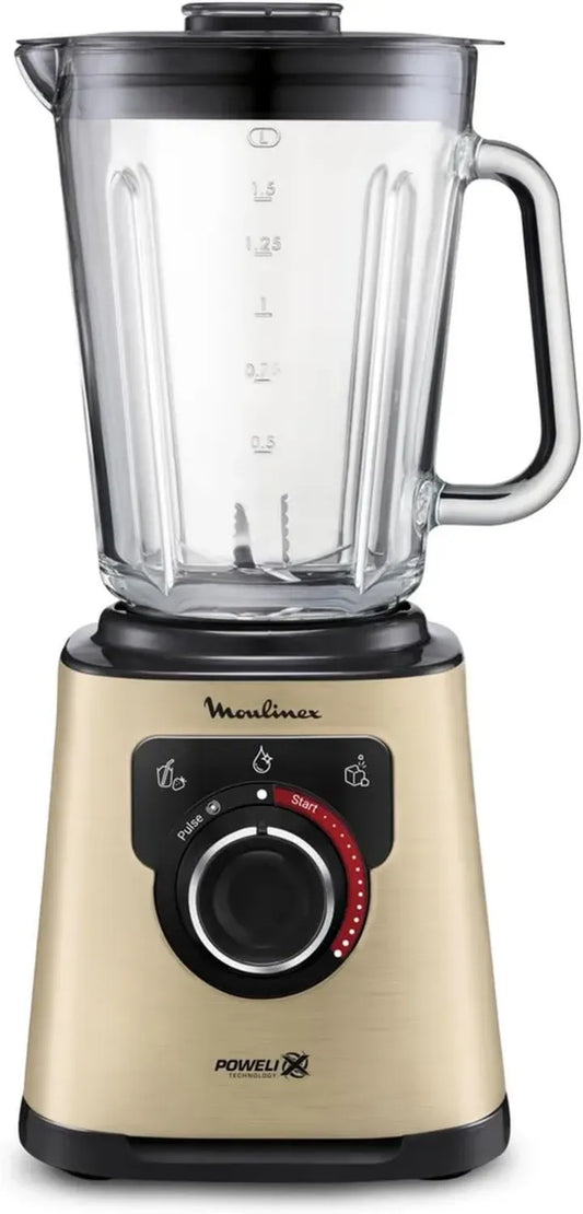 Frullatore Moulinex PerfectMix 1200W, Caraffa Vetro 2L, Velocità Variabile, Tecnologia Powelix, Tritaghiaccio, Facile da Pulire, Nero/Oro
