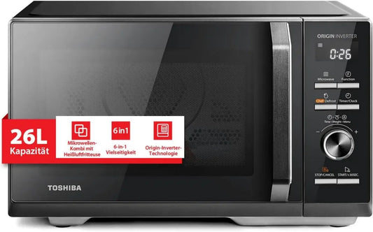 Forno a Microonde Combinato Toshiba 26L, AirFry, Cottura a Vapore, Grill 1000W, 10 Livelli Potenza, Menu Automatici, Nero