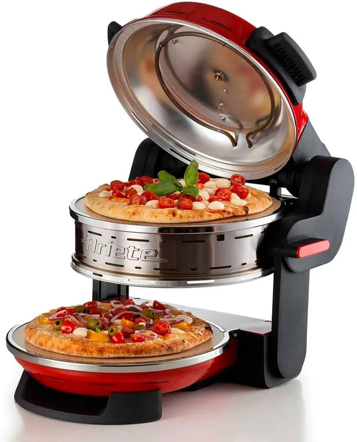 Ariete 927 Pizzeria Doppia, Forno per Pizza 2300W con Pietre Refrattarie, Cuoce 2 Pizze in 4 Minuti, Termostati Regolabili, Diametro 32 cm, 5 Livelli di Cottura, Include Pale in Acciaio Inox, Colore Rosso