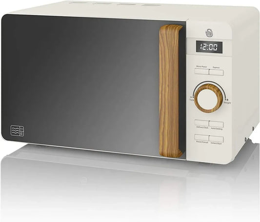 Forno a Microonde Digitale Swan Nordic 20L, 6 Impostazioni, 800W, Timer 30 Minuti, Sbrinamento, Facile da Pulire, Design Elegante, Maniglia in Legno, Bianco